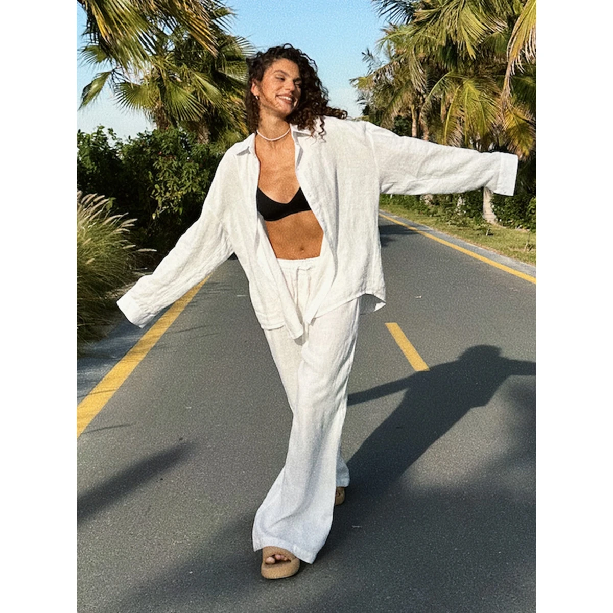 

Women's Pure Cotton Long Sleeve Loose Shirt And Pants Set Casual Style Fashionable Autumn Collection Comfortable Fit Ensemble