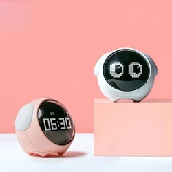 Cute Expression Pixel Alarm Clock Multi Function Digital Led Voice Controlled Light Bedside Thermometer Clock Home