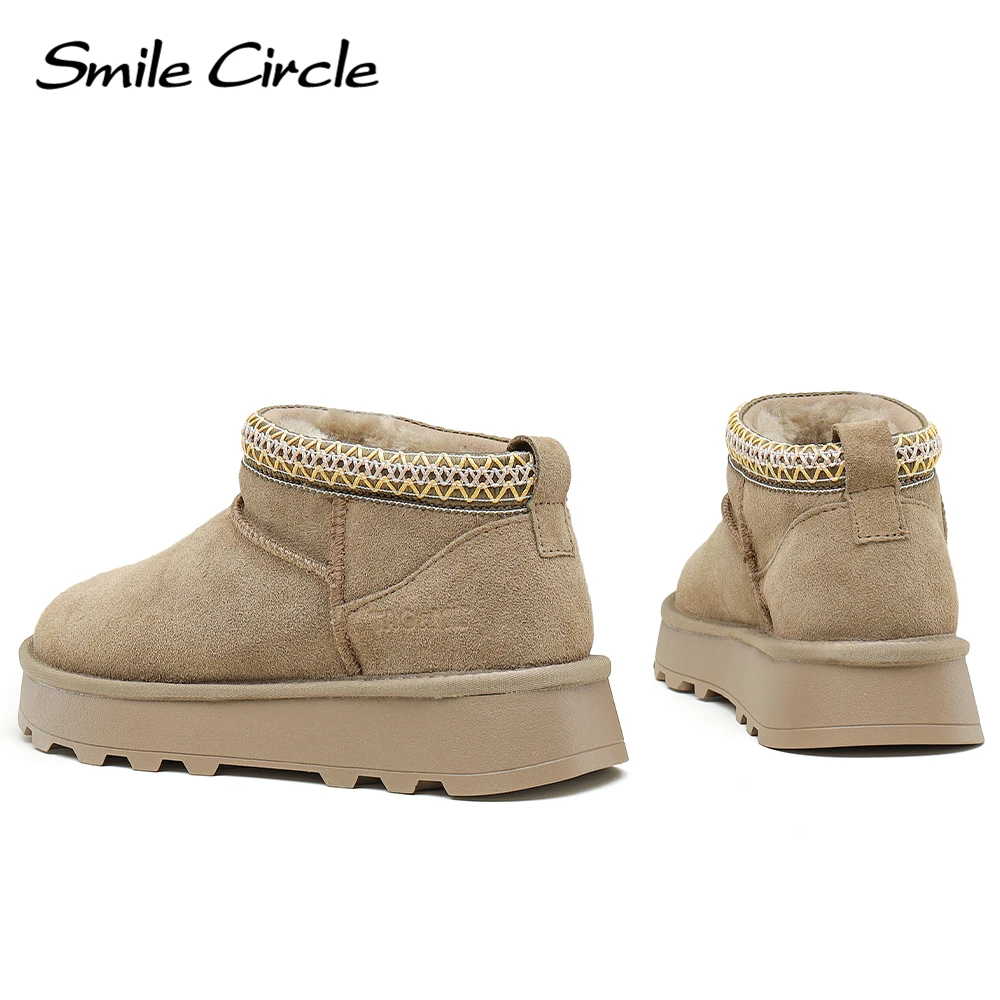 Smile Circle Tasman Mini Snow Boots Women Cow Suede Leather Warm Natural Wool Round Toe Winter Ankle Boots