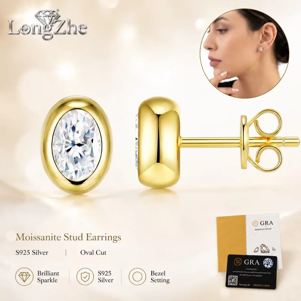 

Moissanite Stud Earrings for Women Men S925 Sterling Silver Gold Color Oval Cut 4x6mm GRA Certified Wedding Jewelry Gift