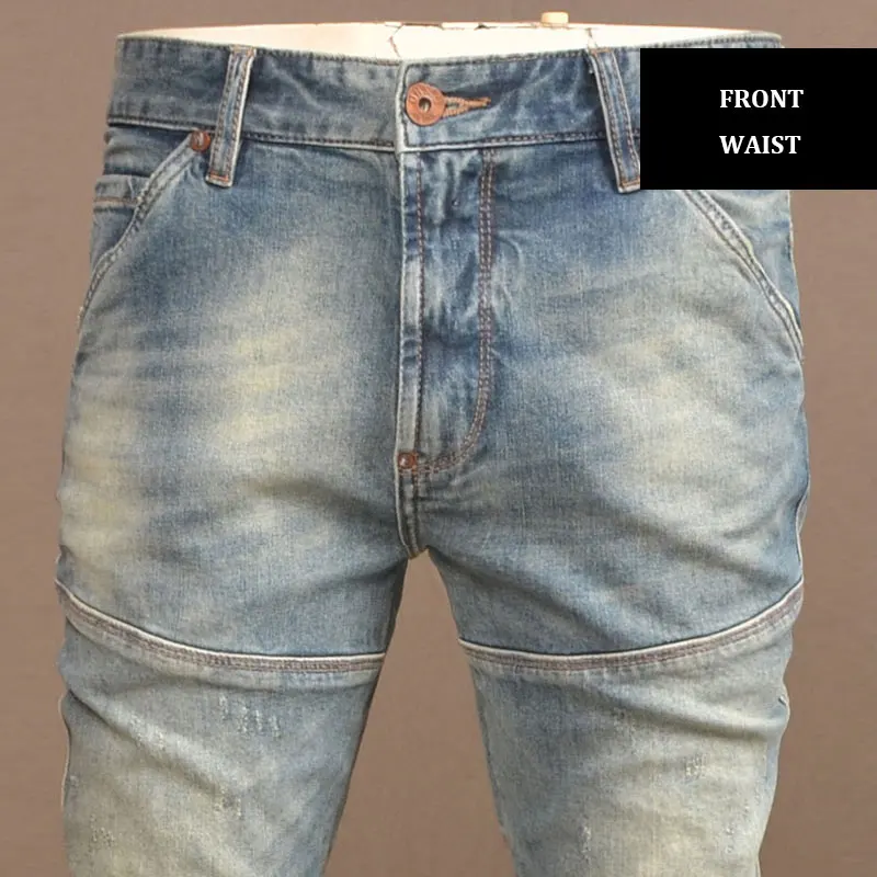 High Street Fashion Men Jeans Retro Washed Blue Elastic Slim Fit Spliced Biker Jeans Homme Vintage Designer Hip Hop Denim Pants