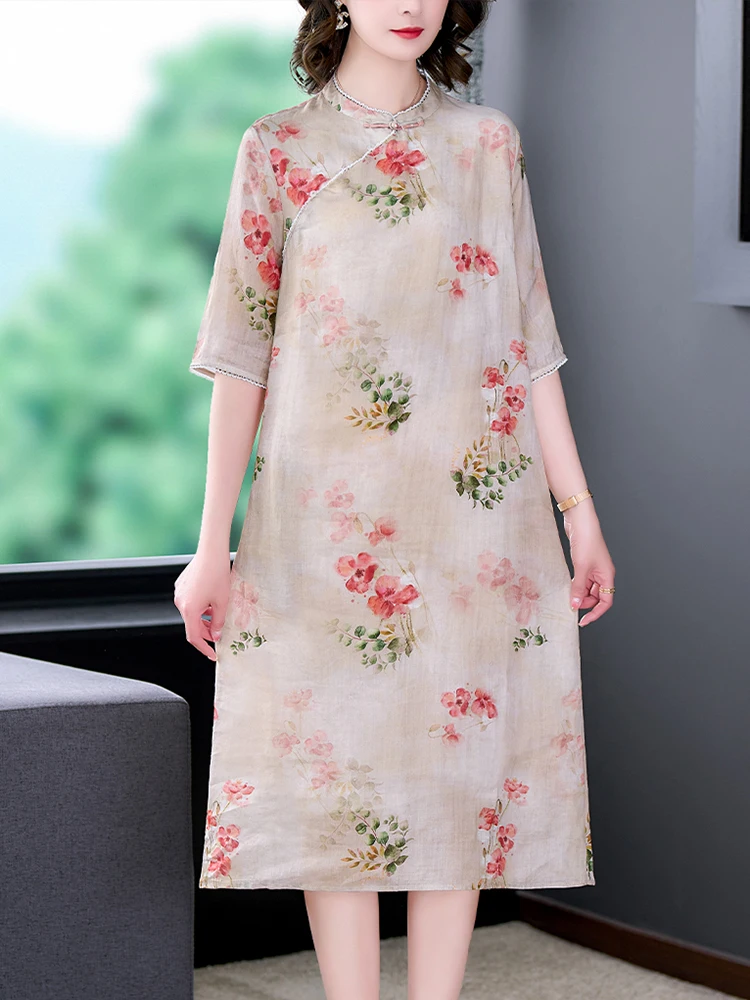 

Summer Floral Cotton and Linen Short Sleeve Midi Dress Women Fashion Elegant Casual Home Dress 2024 Korean Casual New In Dresses