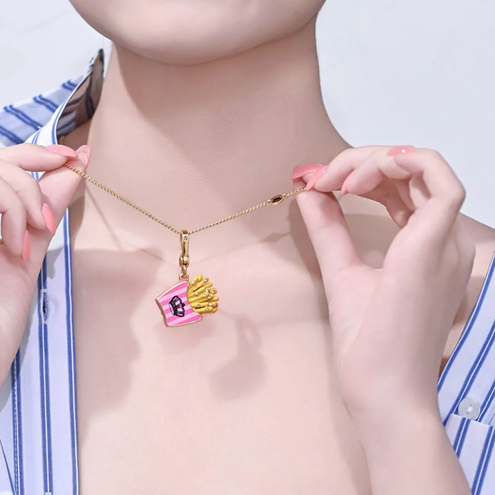 

3D Rhinestone Inlaid Enamel French Fries Pendant Fun Cute Keychain Clavicle Necklace Fashion Creative Jewelry Gift For Women