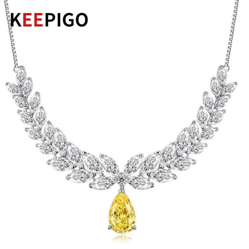 

KEEPIGO Real S925 Sterling Silver 10*16mm Luxury Yellow High Carbon Diamond Necklace For Women Sparkling Wedding Valentine Gifts