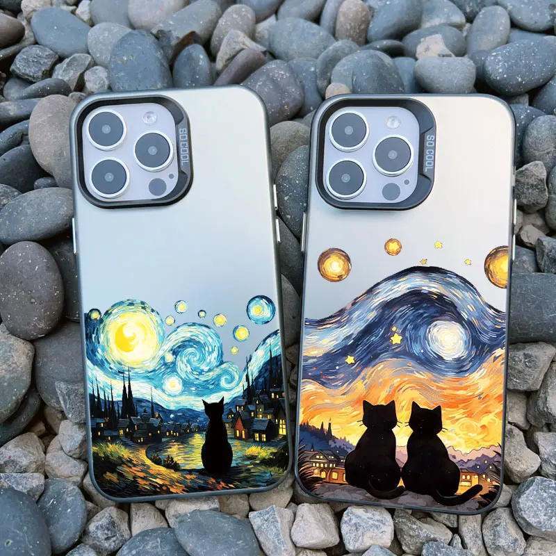 Casing ponsel iPhone 15 Pro Max, penutup Laser tahan guncangan, lukisan minyak van-gogh kucing untuk iPhone 11 12 13 Mini Pro Max 14 Pro Max Plus