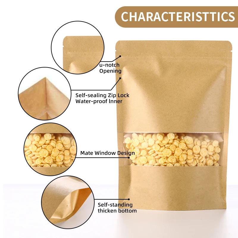 100 Stück Ziplock-Verpackungsbeutel Kraftpapier-Standbeutel mit Fenster Reißverschluss-Verpackungsbeutel für Kleinunternehmen – Detail 2