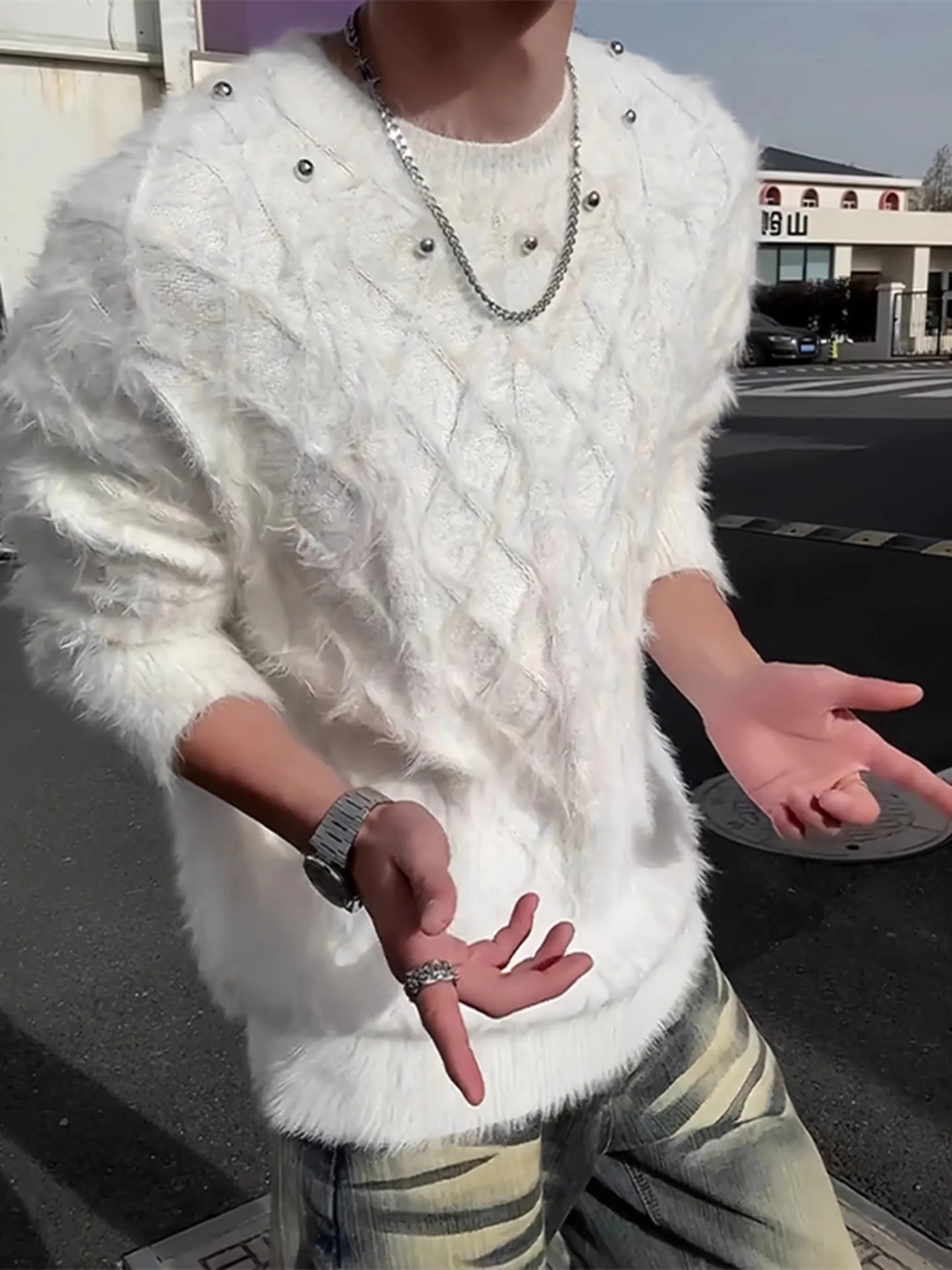 

White Pearl Embellied round Ne Camere Sweater Men Women Autumn Winter Lazy Sle Inner Knitted irt Casual Loose Fit