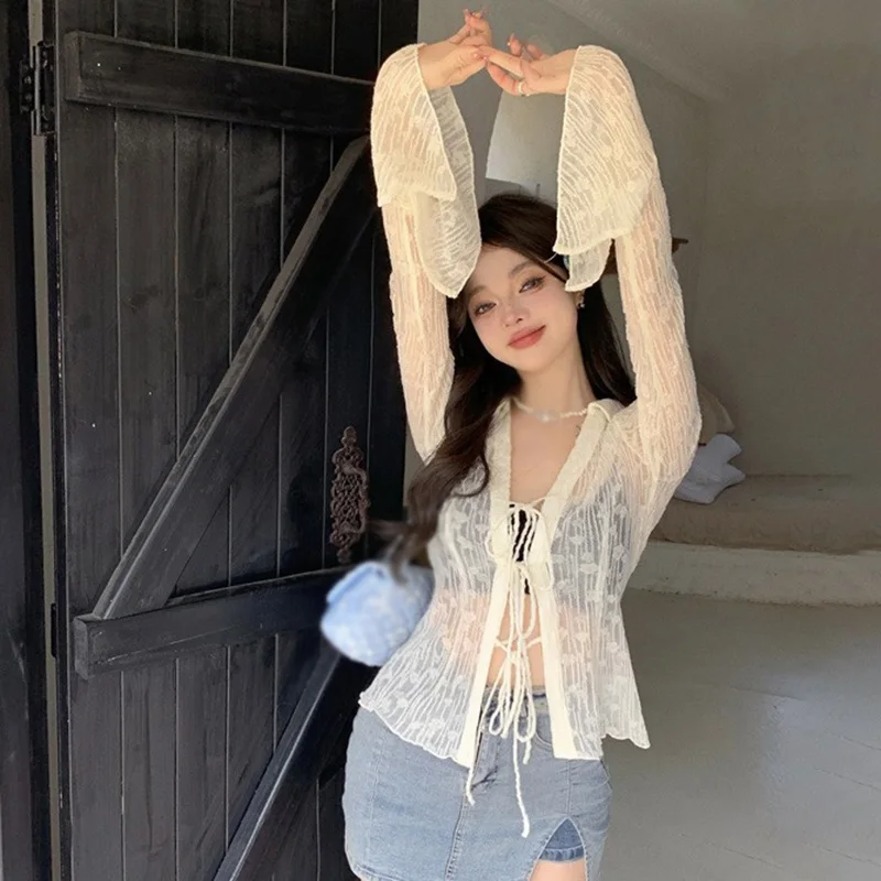 Summer Lace Sunscreen Shirt Elegant Women\'s Lapel Cardigan Top Long Sleeves Semi Transparent Solid Color Tightening Waist Design