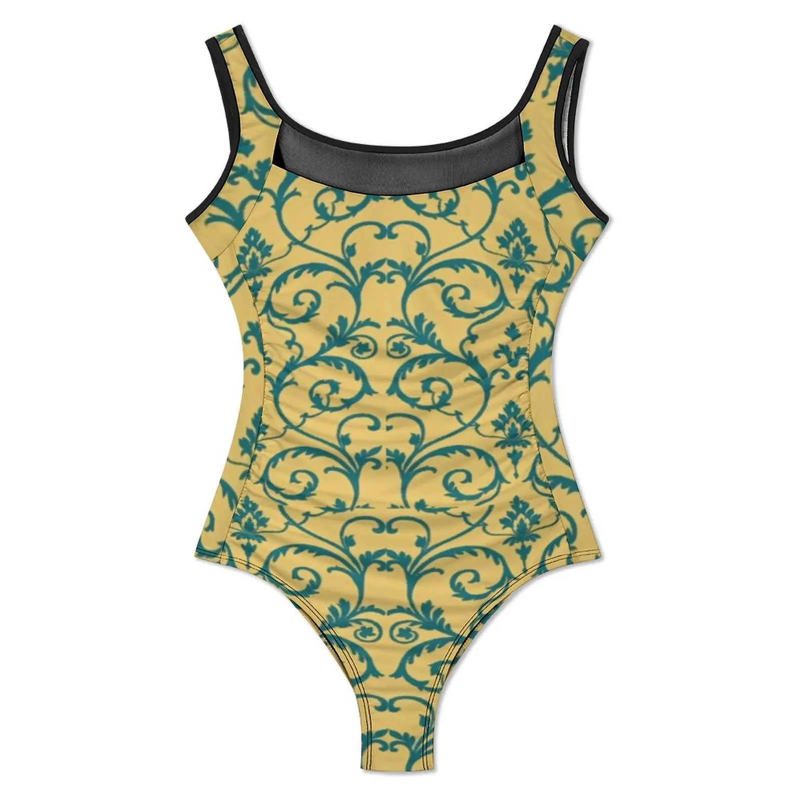 Baroque Floral Swimsuit Sexy Gold Blue Women Swimwear One Piece Stylish Swimsuits Sport Push Up High Cut Bathing Suit