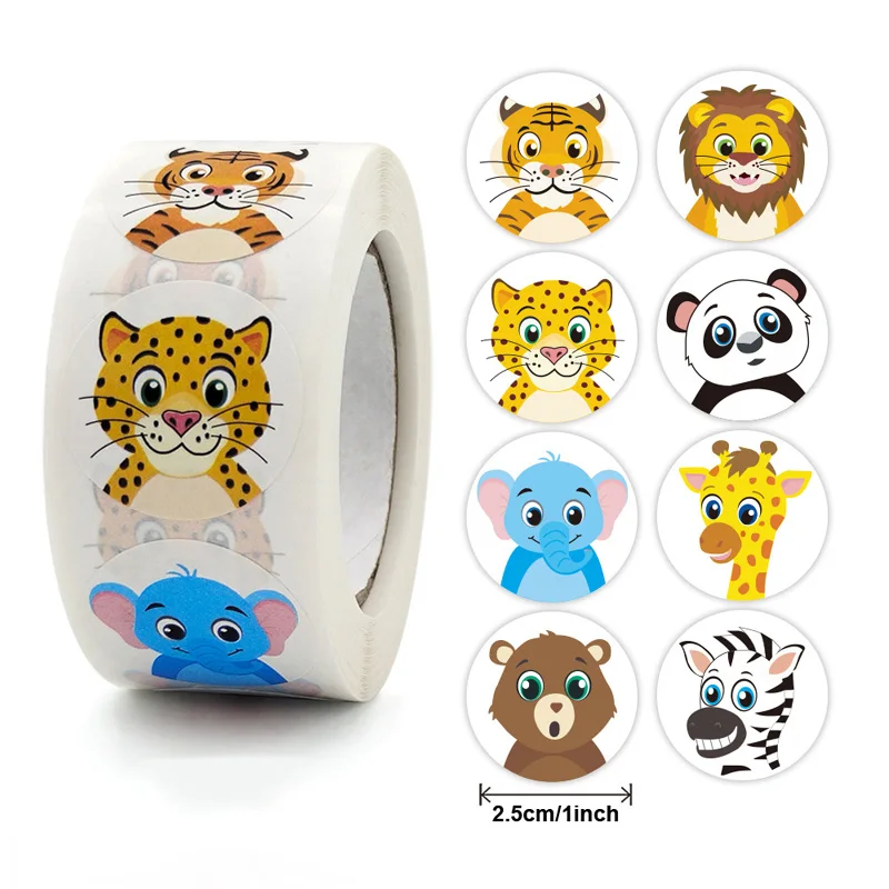 500 Pcs/Roll Children's Cartoon Circular Animal Stickers Kindergarten Boy Girl Inspirational Reward Sticker Thank You Sticker