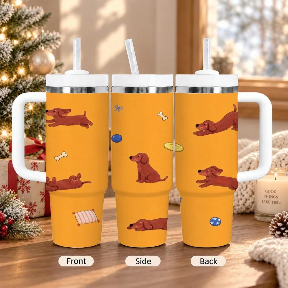 Dachshund Dog Bone Ball 40oz Tumbler with Handle Straw Stainless Steel Insulated Travel Mug Water Cup Pet Lover Gift