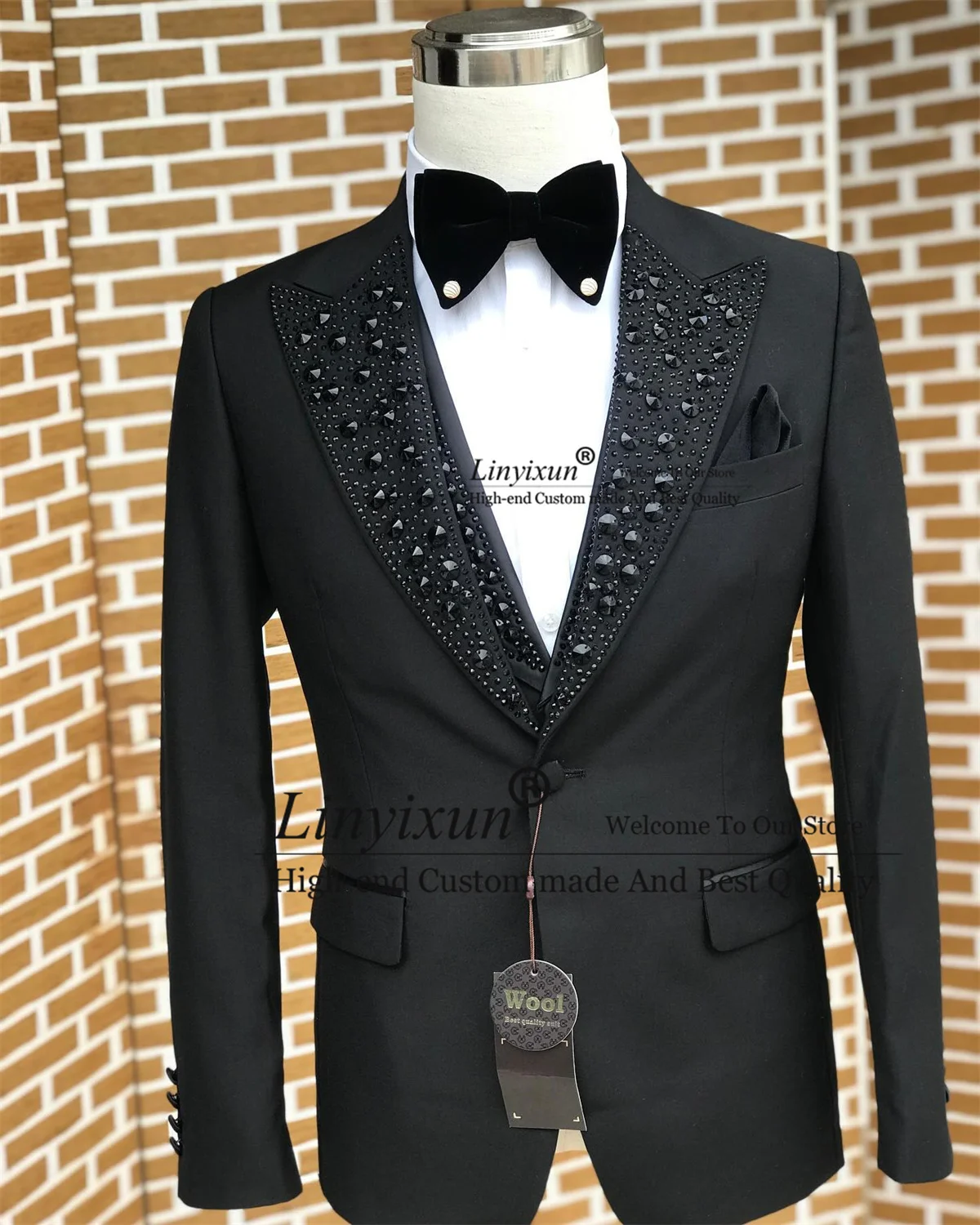 Black Men Suits Luxury Stone Crystal Tuxedos Bespoke Groom Wear 3 Pieces Business Male Prom Blazers Slim Fit Custome Homme