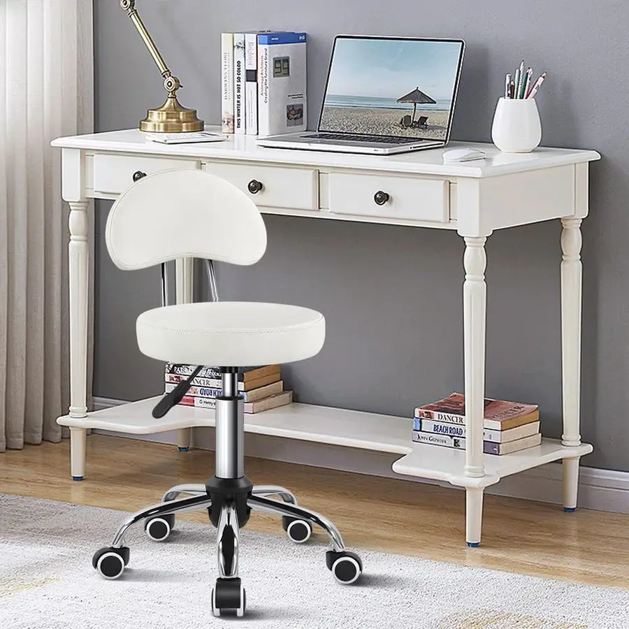 Rolling Stool with Mid Back Height Adjustable Chair PU Leather Swivel Chair with Wheels for Office Home Task Drafting White