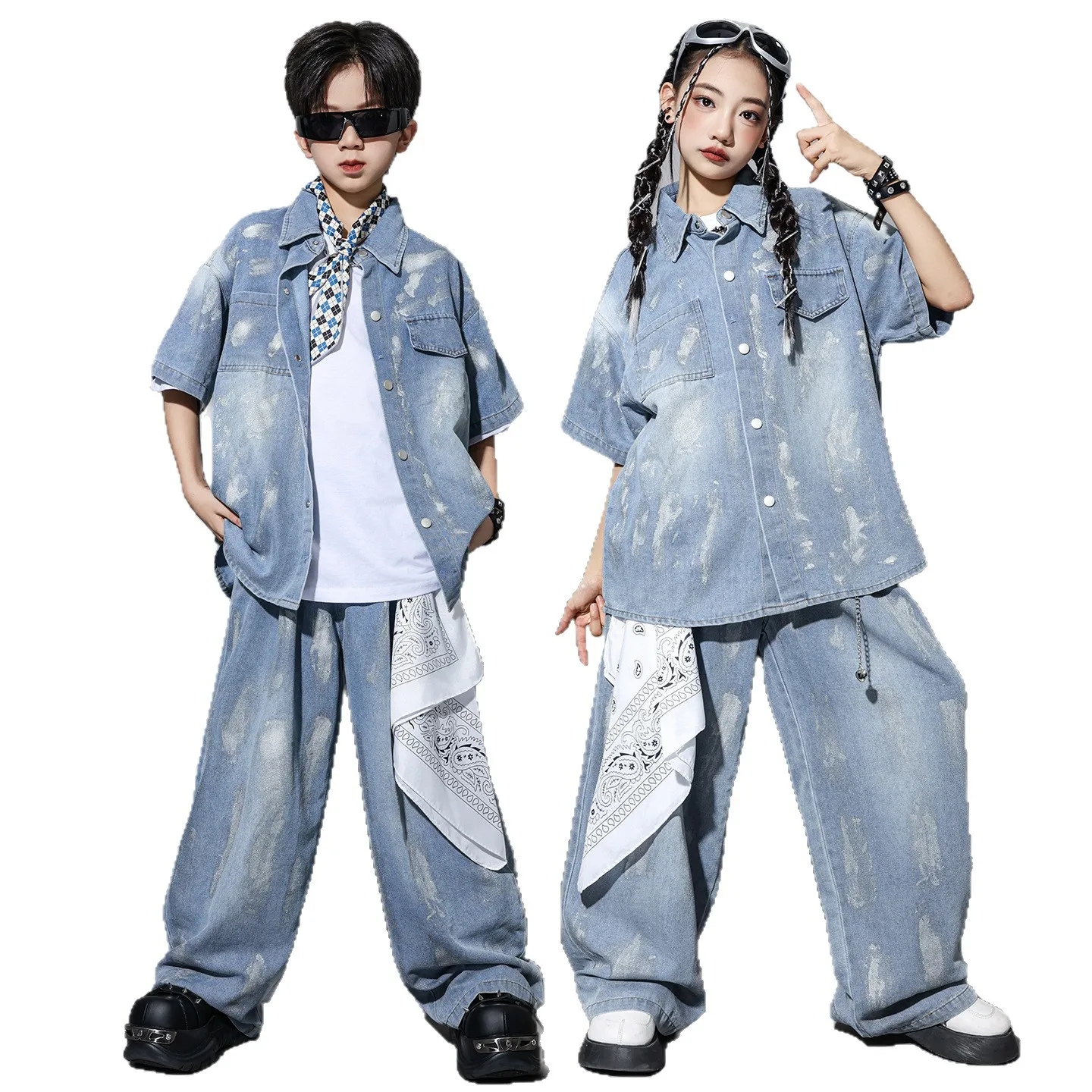 Hip Hop Girls Cool Crop Top Denim Vest Ripped Jeans Clothes Set Boys Jazz Street Dance Cargo Pants Child Kids Streetwear Costume