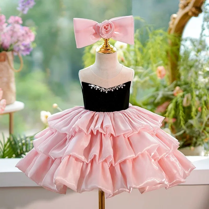 

Dreamy Vow Charming Pink Girl Dress Sleeveless Velvet Rhinestone Trimmed Ruffled Bow Headband Princess Party Ball Gown J412
