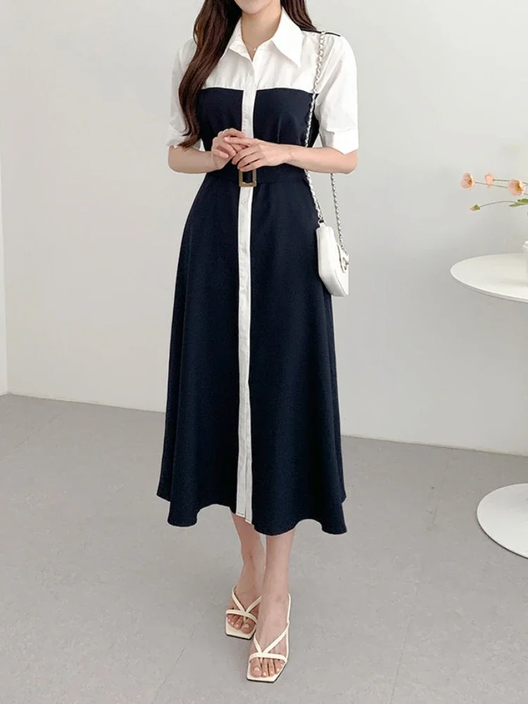 Abito camicia elegante con risvolto con lacci primavera estate Abito da donna vintage doppiopetto patchwork Abito da sera lungo da donna da ufficio