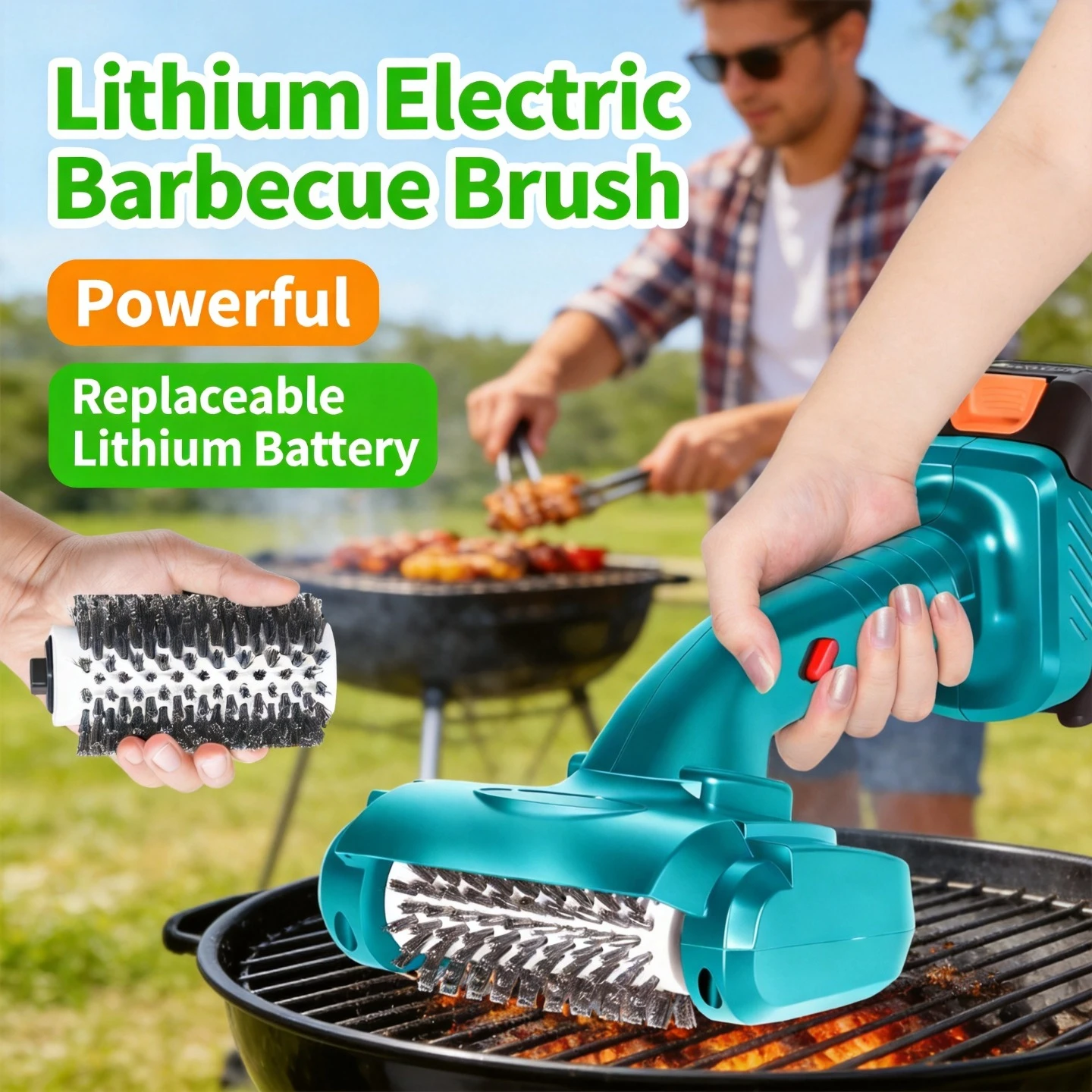 Lithium Battery Powered Electric Grill Brush Powerful BBQ Cleaner Replaceable Steel Wire and Nylon Dual Brush Heads