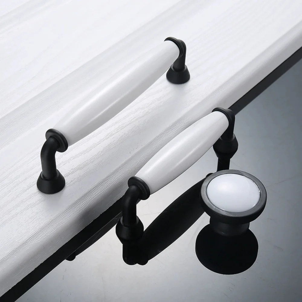 96 128mm Modern Simple White Ceramic Wardrobe Cupboard Furniture Door Hardware Handle Black Drawer Of Cabinet Dresser Knob Pull