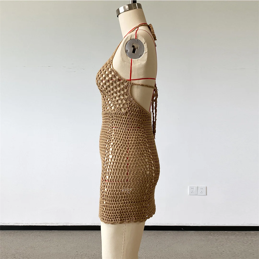 Halterneck, rückenfreies, gehäkeltes, gestricktes Tunika-Strandkleid, Strandkleid, Strandmode, Damen V8402 – Detail 10