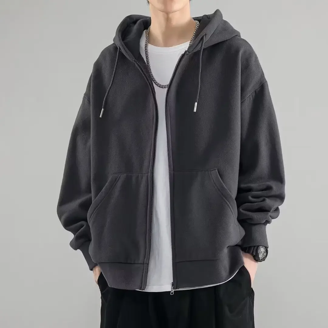 Male Clothes Black Solid Sweatshirt For Men Full Zip Up Hooded Hoodies Winter Young On Sale Offers High Quality Korean Style S