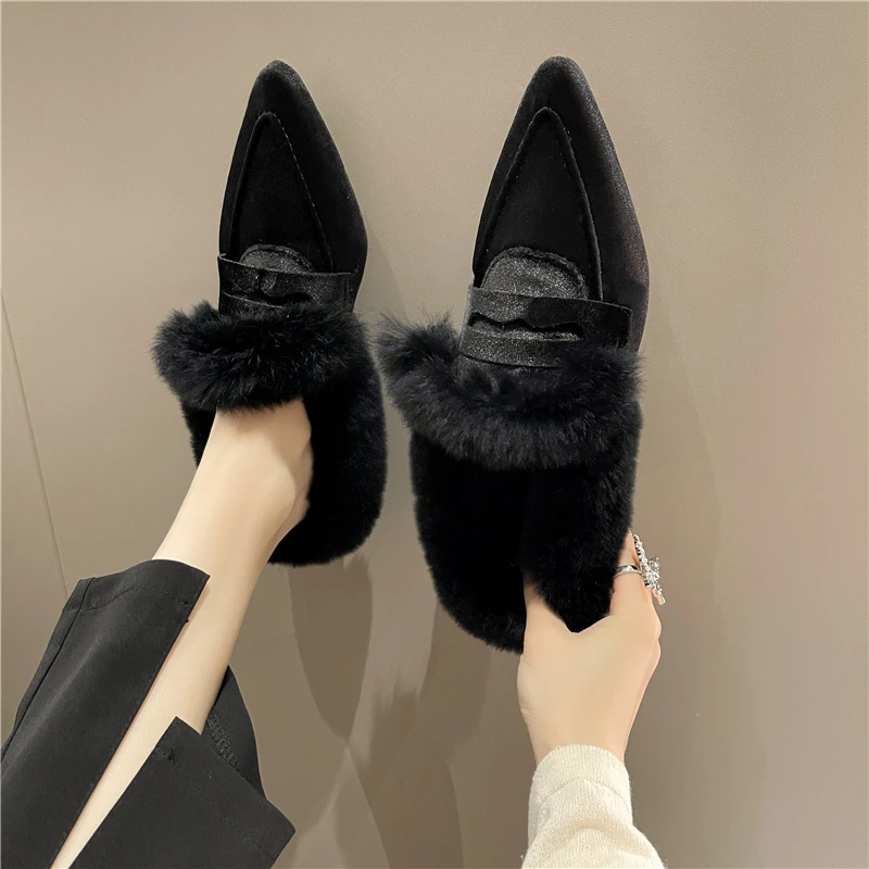 High Appearance Level Pointed Head Shallow Mouth Plus Cashmere Warm Fashion All Comfortable Non-slip Breathable Women's Slippers