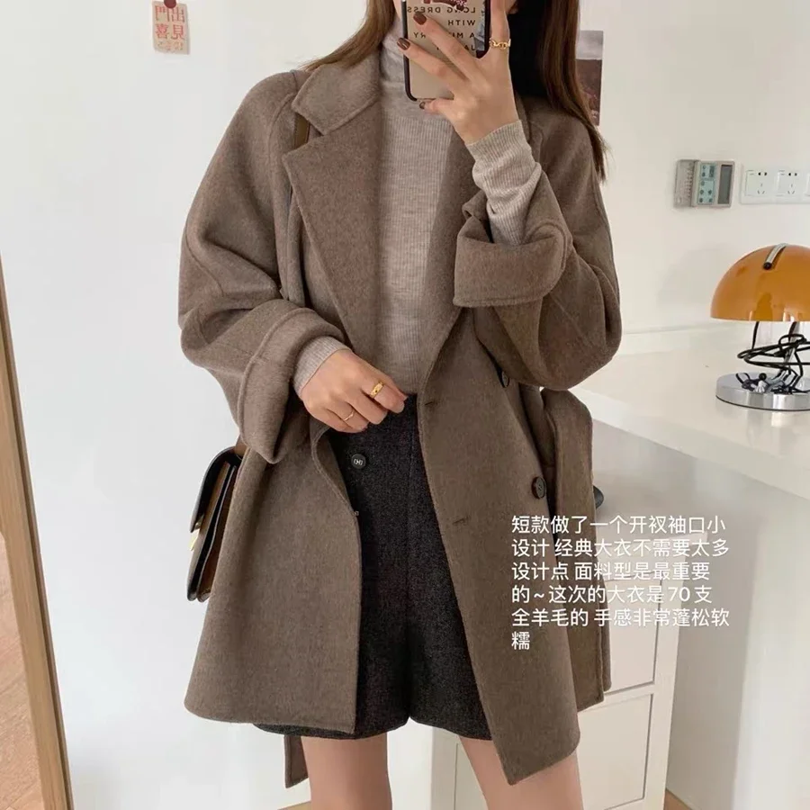 UNXX 2023 Autumn/Winter New Petite Coffee Color Wool Double-Sided Cashmere Coat for Women, Korean Style Woolen Suit High Quality