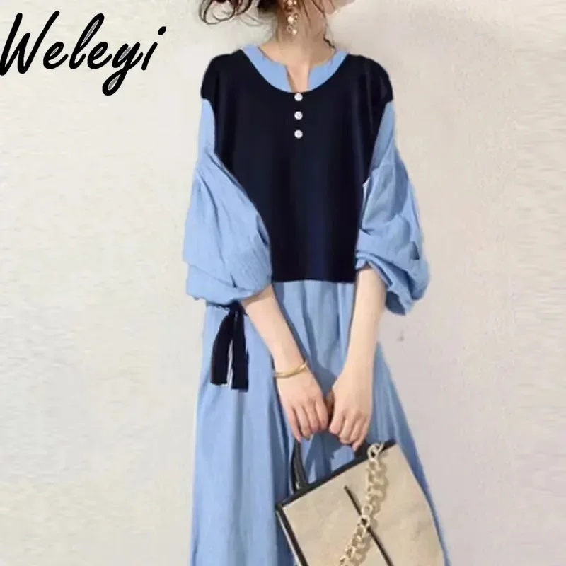 Japanese Woman V-neck Contrasting-Color Blue Long Dress Autumn Sweet Over The Knee False Two-Piece Patchwork Ankle-Length Dress