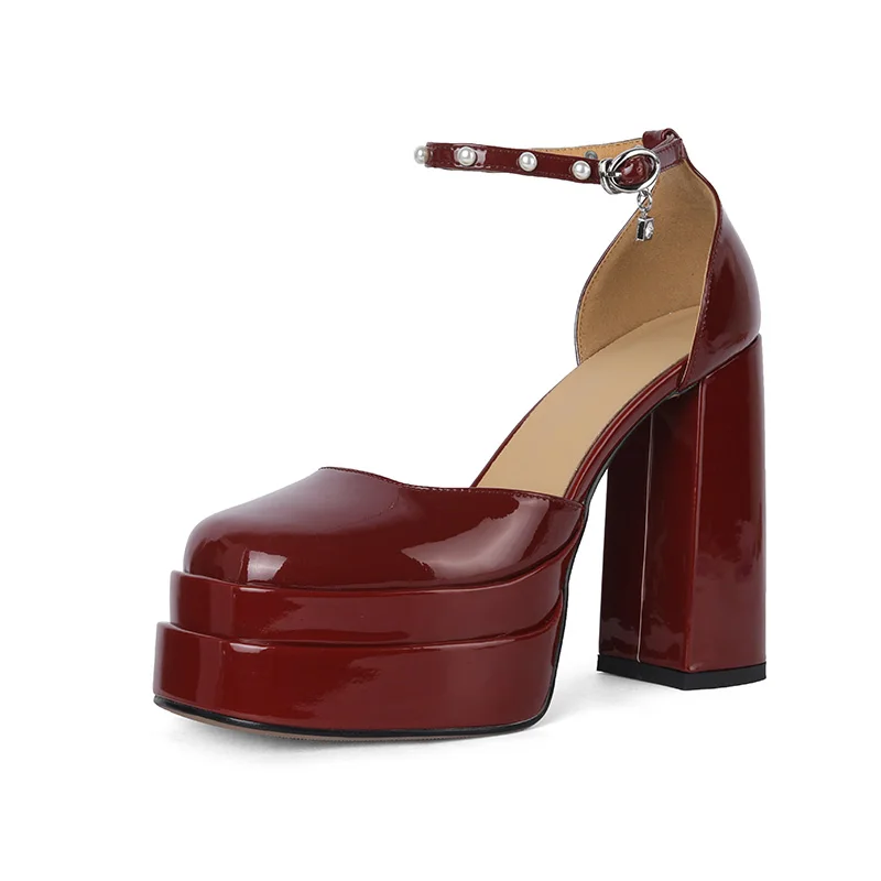 صنادل نسائية جديدة للصيف بكعب سميك ومنصة مقاومة للماء، أحذية زفاف مريحة، أحذية بلون النبيذ الأحمر مزينة بالخرز للحفلات الرسمية