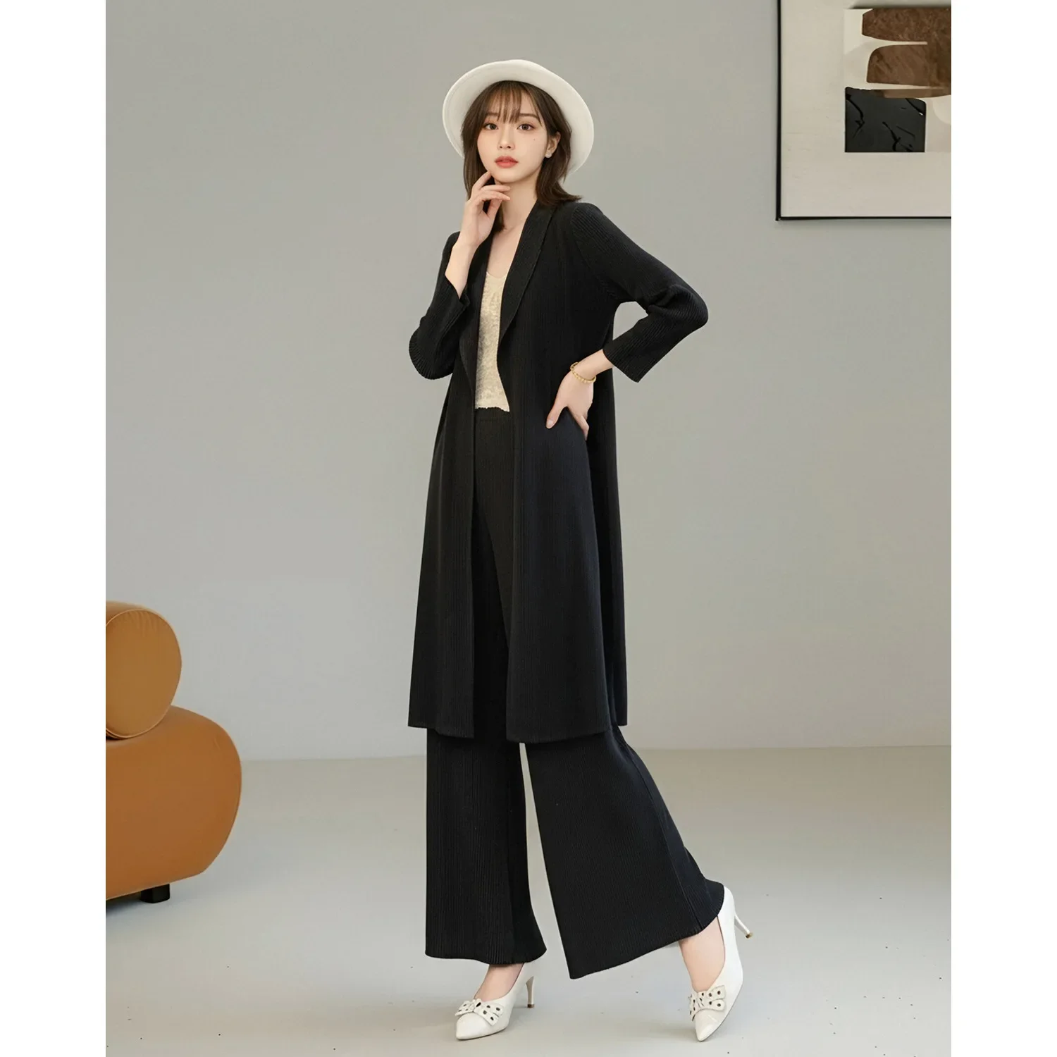 Women Miyake Pleated 2 Piece Set Lapel Long Cardigan High Waist Wide Leg Pants Outfit Spring Autumn view 4