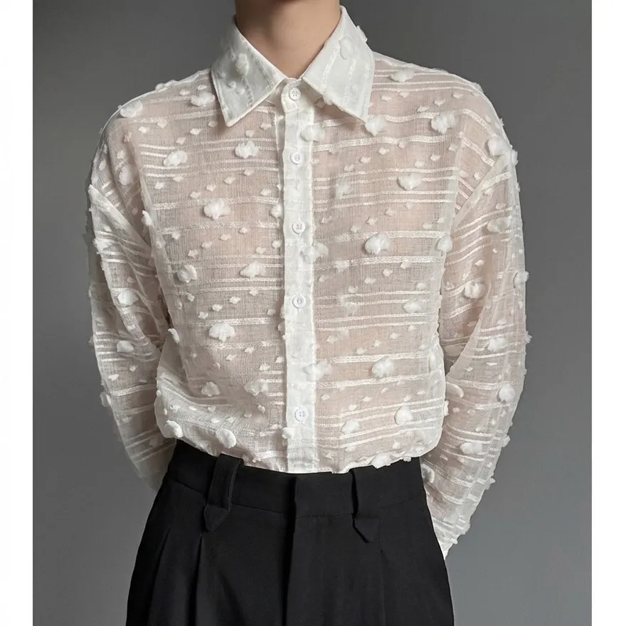 Summer Hollow Out Breathable Long Sleeved Shirt Men Wave Point Perspective Shirts Loose Casual Social Streetwear Men Clothing