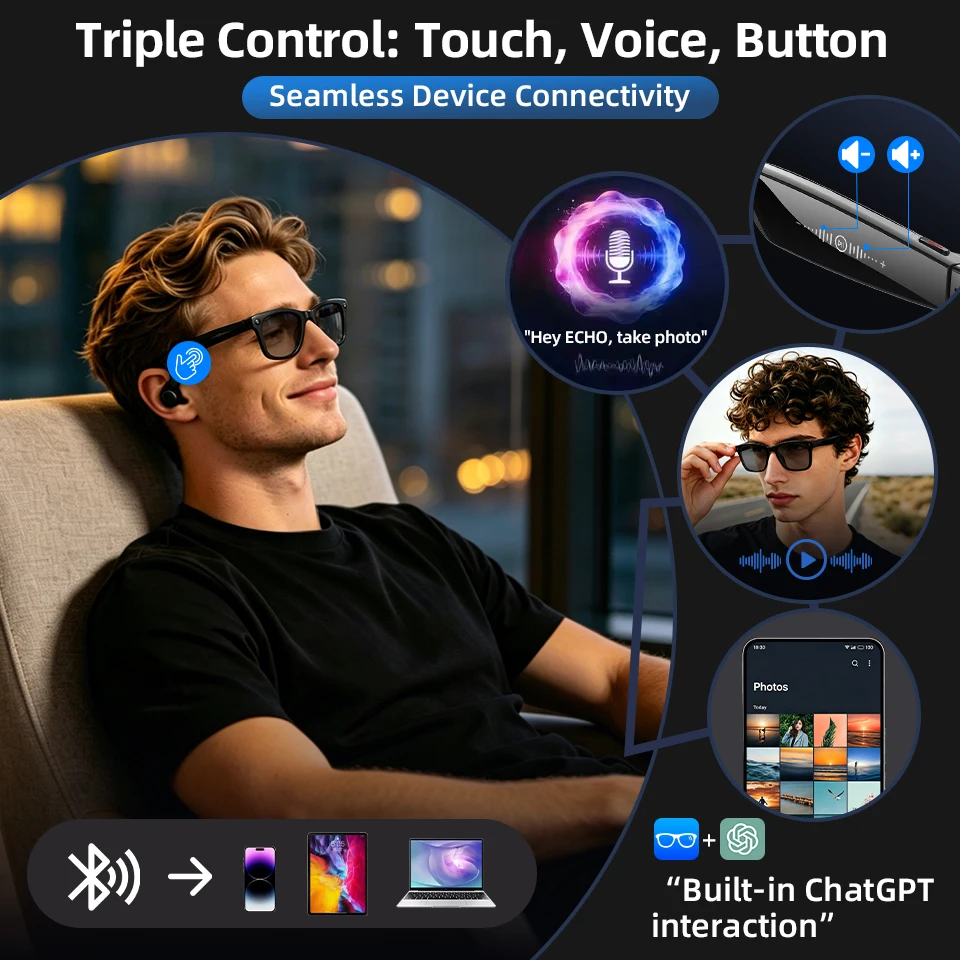 LIGE New 13MP Smart Glasses 4K HD Camera 88+Languages Translation ChatGPT Photo Video Recording Bluetooth Call Smart Sunglasses