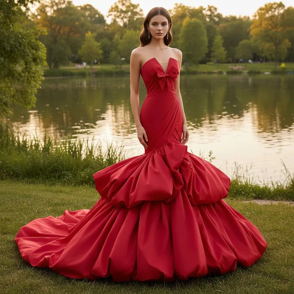 Rosymae Strapless Mermaid Red Wedding Dress Trumpet Puffy Skirt Bridal Gown vestidos de boda para fiestas