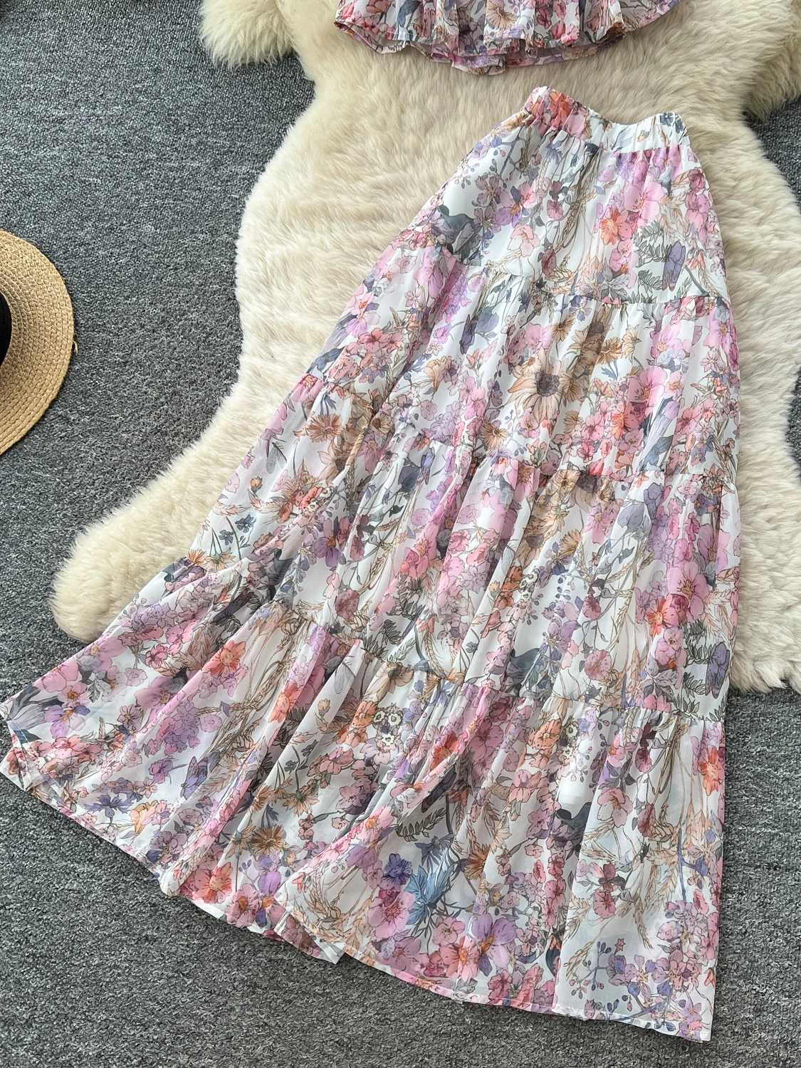 Floral Lace Half-Skirt Cake Hem Short Shoulder One-Piece Women's Autumn Fashion Set High Waist Breathable Polyester Fiber