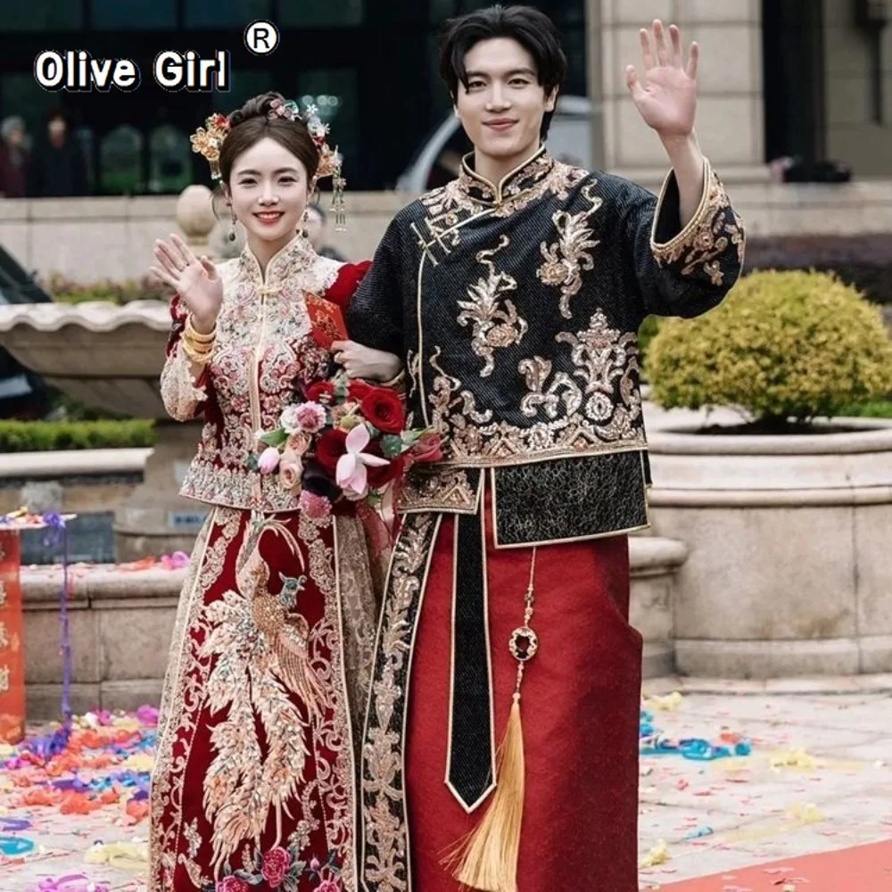 Olivegirl Men's Groom Set Performance 2026 Wedding Clothes Chinese Toast Dragon Phoenix Tang Suit Men's Coat Gold Glitter Set