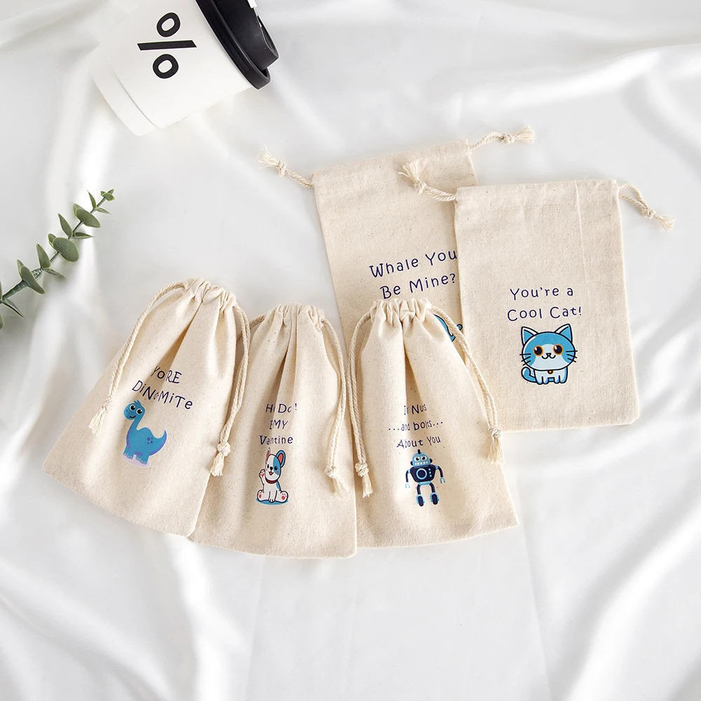 5 Stück Schmuckbeutel mit Kordelzug aus Musselin-Baumwoll-Canvas, Valentinstag-Geschenkbeutel für Süßigkeiten, Geschenke und Leckereien, Tasche für Kinder und Jungen, Partygeschenke – Detail 6
