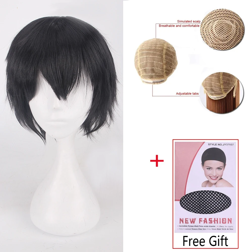 Wig Cosplay Sintetis Rambut Pendek Berbulu Universal 30Cm Hitam Merah Muda Kostum Pelajar Pesta Anime Bernapas Ringan + Topi Wig