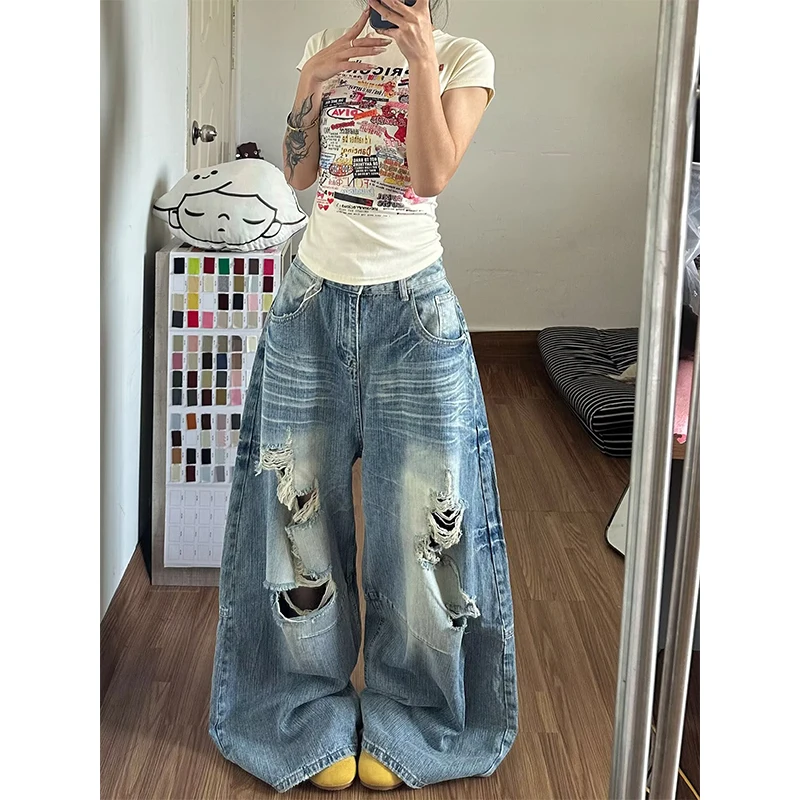 

Summer Women American Vintage Ripped Distressed Jeans Streetwear Y2K Fashion Relaxed Loose Lazy Style Floor-Length Denim Pants