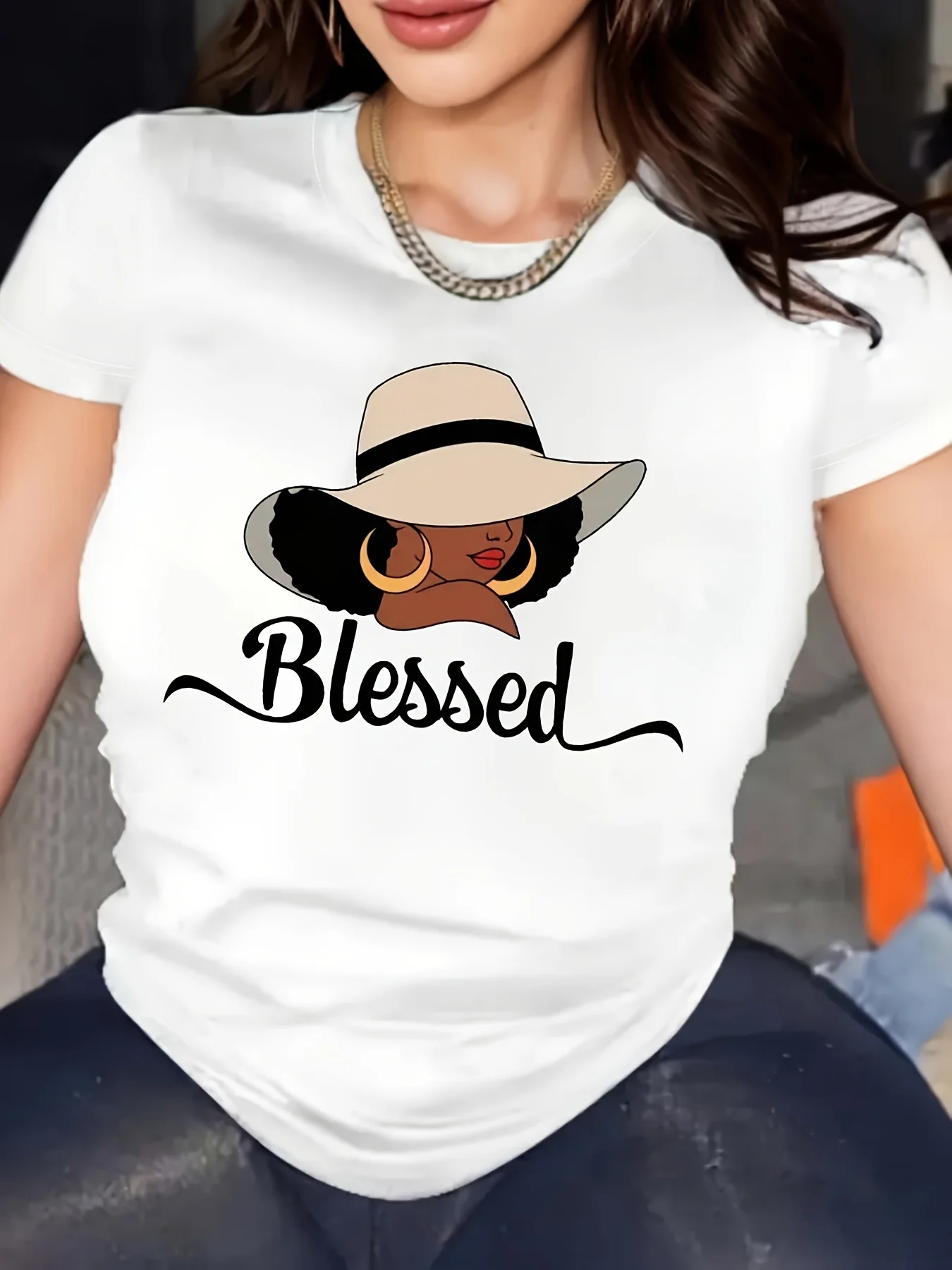 

Women's Casual Short Sleeve T-Shirt Summer Round Neck with Blessed Print Stylish Hat Graphic T Shirt Soft Comfortable Fabric Top