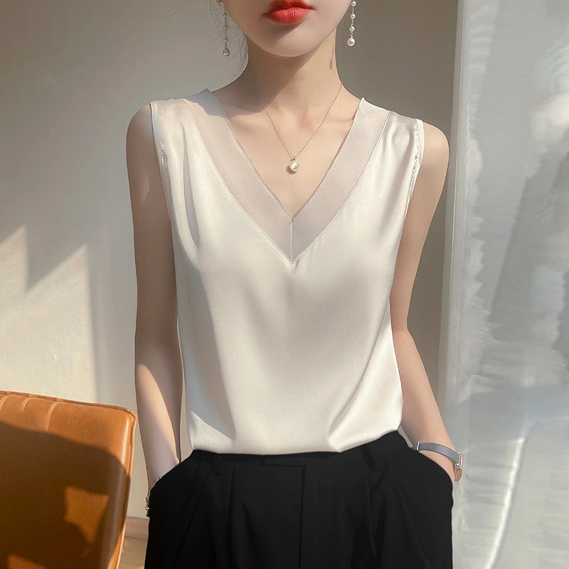 Strap Top Women Halter V Neck Basic White Cami Sleeveless Satin Silk Tank Tops Women'S Summer Camisole