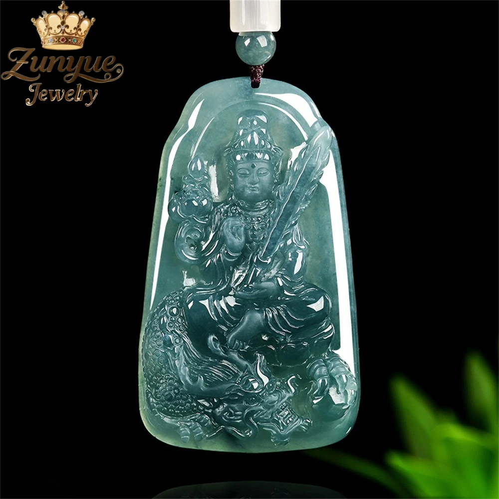 Natural A-Grade Old Material Jadeite Blue Water Dragon Guanyin Pendant, Ice-Type Jade Pendant Luxury Quality Jewelry Charms Gift