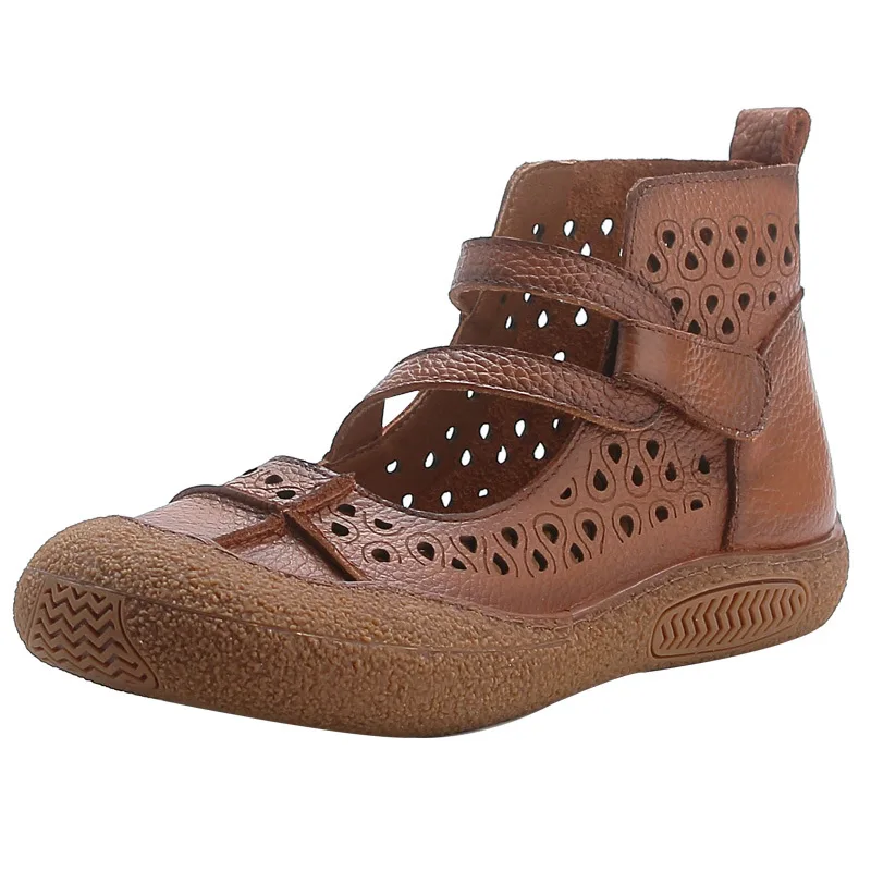 

2025 Summer Retro Handmade Women's Shoes Genuine Leather Soft Bottom Mom Sandals Cowhide Hollow Out Casual Sandal Boots
