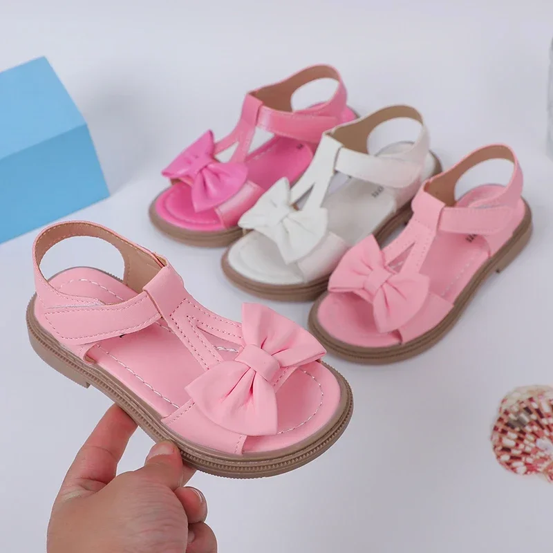 2025 Girls Sandals Bowtie T-strap Style Soft Summer New Simple Child Sandals Princess Non-slip Open-toe Kids Shoes Hook & Loop