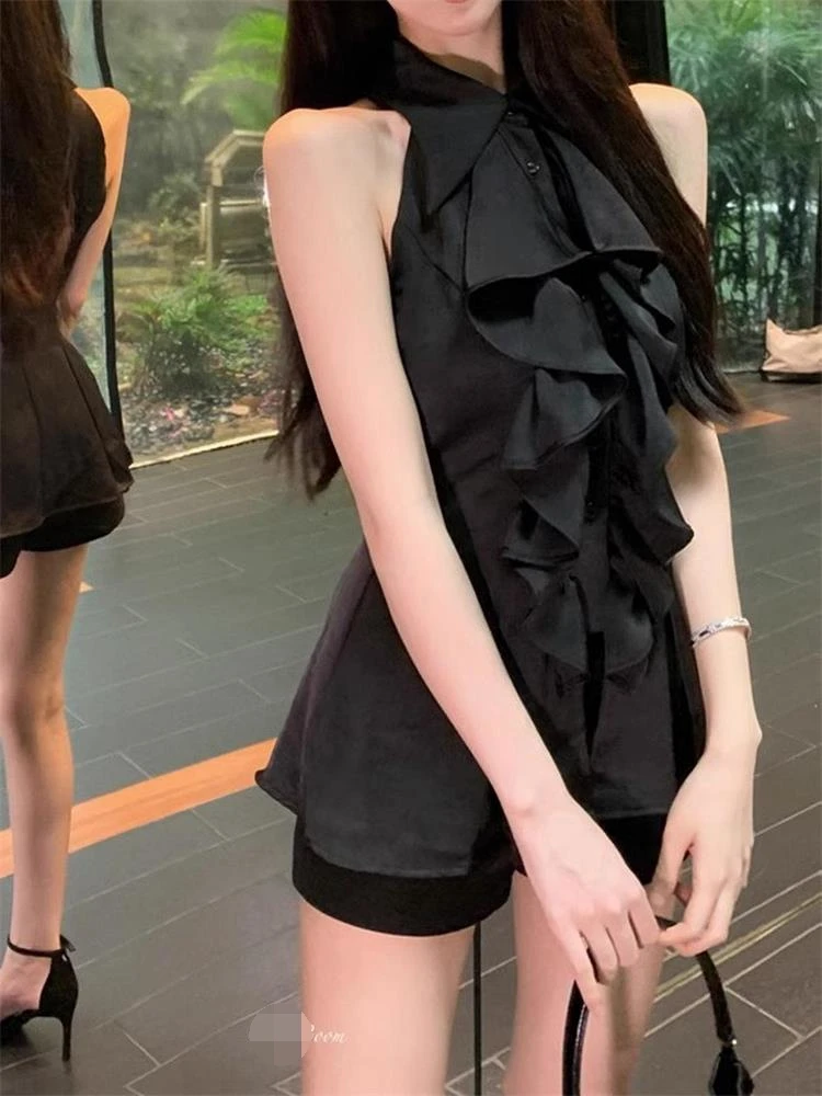 Ruffled เสื้อแขนกุดสีขาวผู้หญิงฤดูร้อนภาษาฝรั่งเศสคํา Elegant Lady ความยาวปานกลาง Slim Tank เสื้อสีทึบ