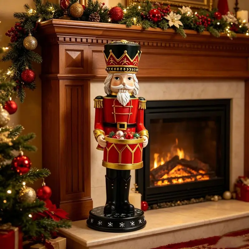 Nussknacker-Figur mit Trommelkorb, Tischstatue aus Harz für Weihnachtsdekoration und als Geschenk
