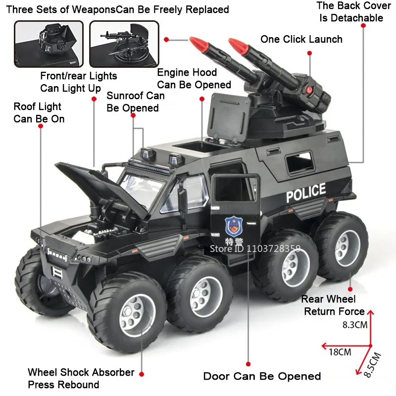 1:32 스케일 Avtoros Shaman Sabertooth 기갑 경찰차 모델 장난감 금속 다이 캐스트 사운드 라이트 도어 열림 뒤로 당겨 소년 선물