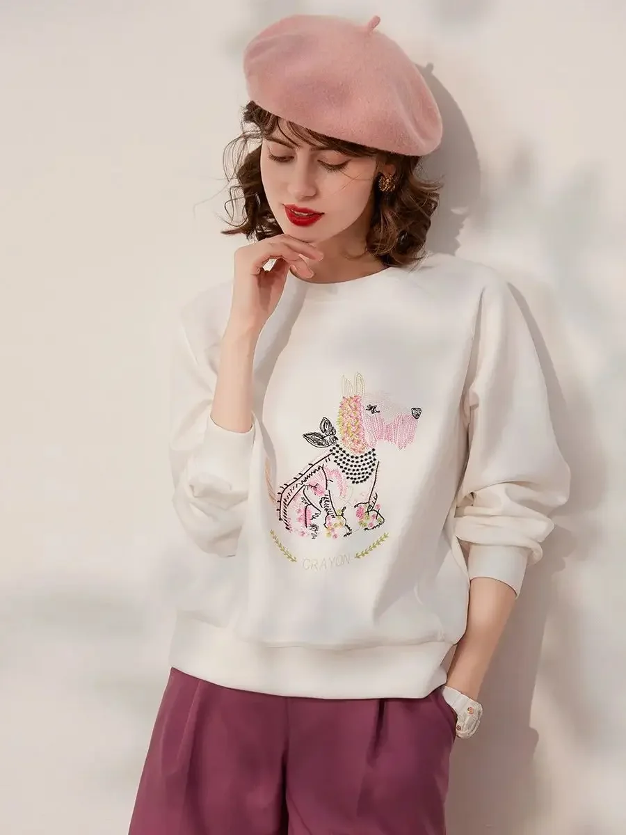 LOUIS YAO Women Hoodies 2024 Spring New Round Neck Long Sleeve Embroidered Dog Fashionable Casual Loose Fit Women Pullover Top