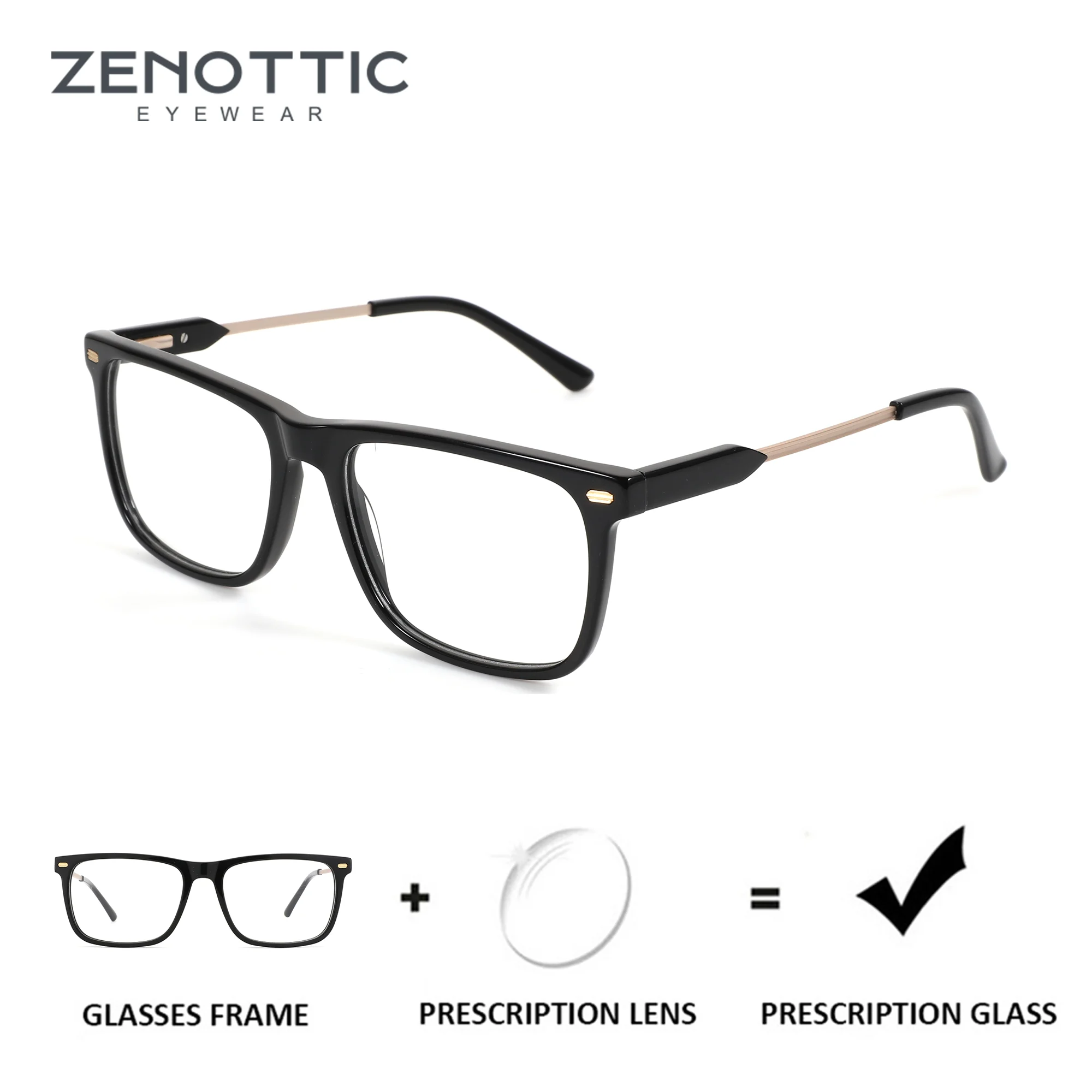 ZENOTTIC (L Size)Men's Acetate Square Prescription Glasses Photochromic Optical Lenses Anti Blue Light Myopia Degree Eyeglasses