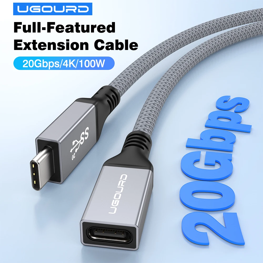 UGOURD Typ-C Verlängerungskabel 20Gbps USB3.2 Gen2 PD100W Schnellladung Vollfunktions-USB-C-Stecker auf -Buchse Geflochtenes Daten- und Videokabel