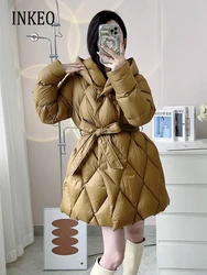 90% White duck down jacket women Warm High quality 2024 Winter Hooded fluffy coat with sashes Female Outwear Solid INKEO 3O355