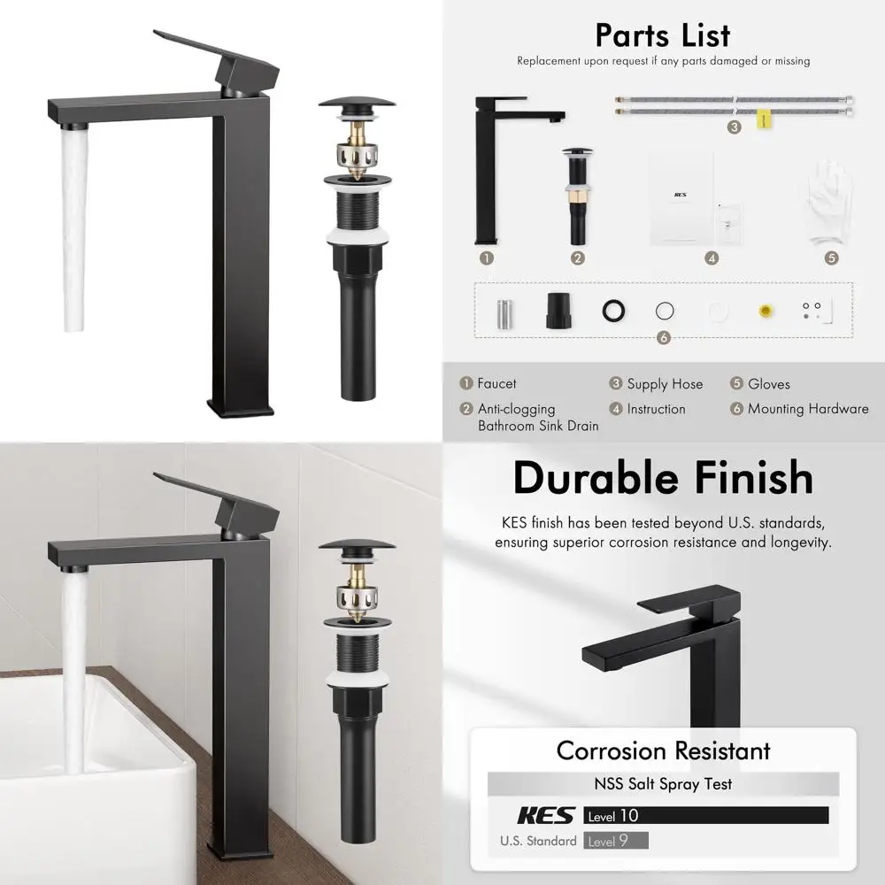 

Matte Black Tall Vessel Sink Faucet with Metal Drain Combo, No Overflow